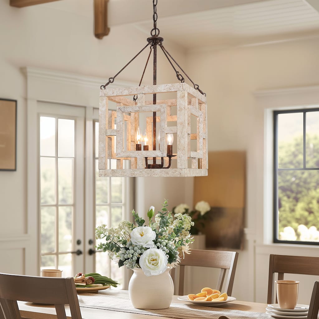 Duull Farmhouse 4-Light Wood Rustic Square Chandelier for Kitchen Island - 14" L x 14" W x 26" H