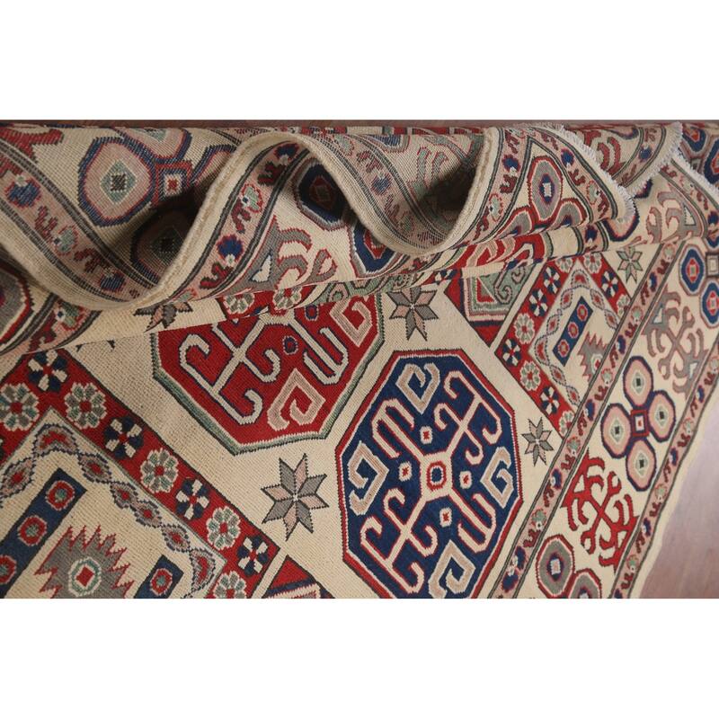 Hand Knotted Oriental 100% Wool Carpet Traditional All-Over Beige & Ivories Kazak Area Rug - 9' 7'' X 6' 6''