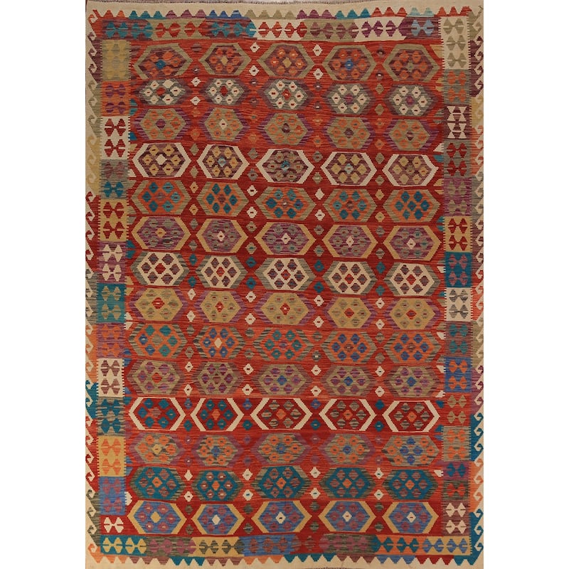 Geometric Kilim Reversible Area Rug Flatweave Bedroom Wool Carpet - 8'0"x 11'3"