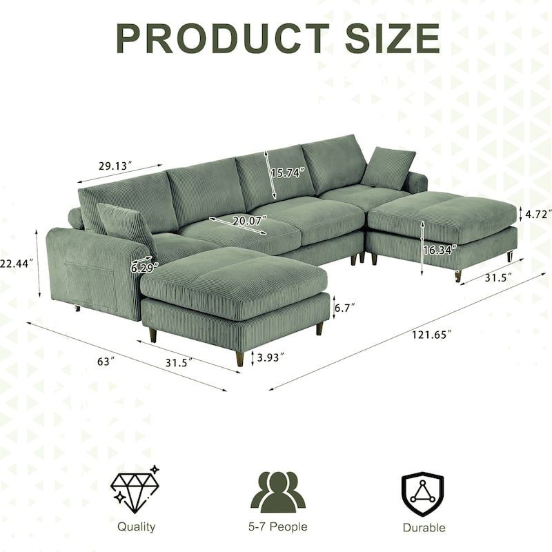 Olive Green Corduroy 6 - seat Modular Sectional Sofa with Adjustable Head Pillow and Storage Bags