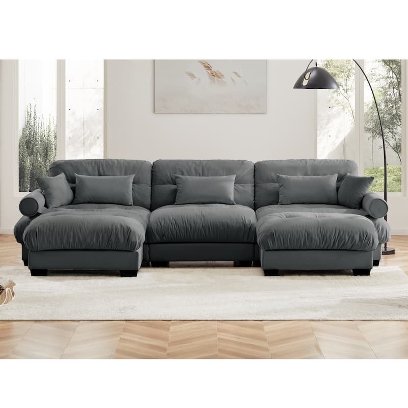 U-Shaped Velvet Sectional Sofa Set with Ottoman, 130" 3-Seater Modular Sofa withRound Armrests, Modern Upholstered Couch