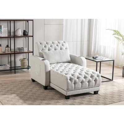 Linen Upholstered Multifunctional Tufted Wireless Charging Leisure Sleeper Armchair with 2 Cup Holders