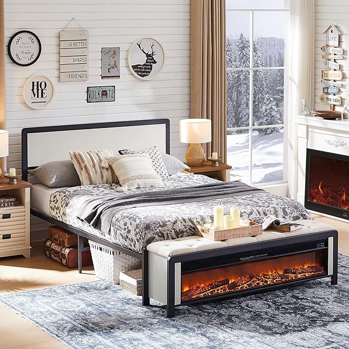 Queen Size Bed Frame with 54 Electric Fireplace and Upholstered Bench On Sale Bed Bath Beyond 40835885