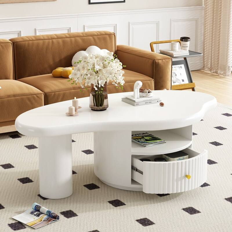 Cream Style Cloud-Shaped Coffee Table Set of 3, Irregular Design Cocktail End Table with Storage Drawer & 2 Small Stools