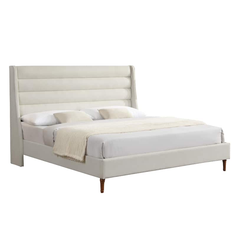 King Size Bed Frame High Headboard Upholstered Platform Bed with Wave - Shaped Headboard, Premium Chenille Fabric