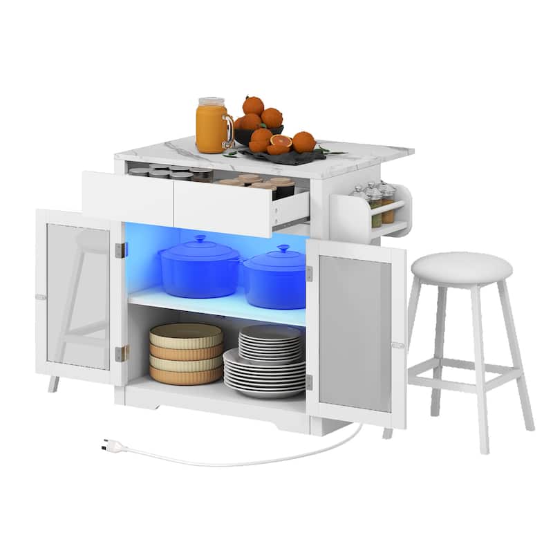 Moasis Rolling Kitchen island with Seating and LED Lights,Mobile Storage Islands with Drop Leaf, Dining Table with Power Outlet