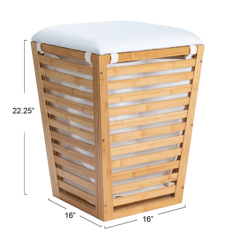 Household Essentials Slatted Bamboo Hamper with Cushioned Lid and Removable Bag - 16.1"L x 16.1"W x 22.3"H
