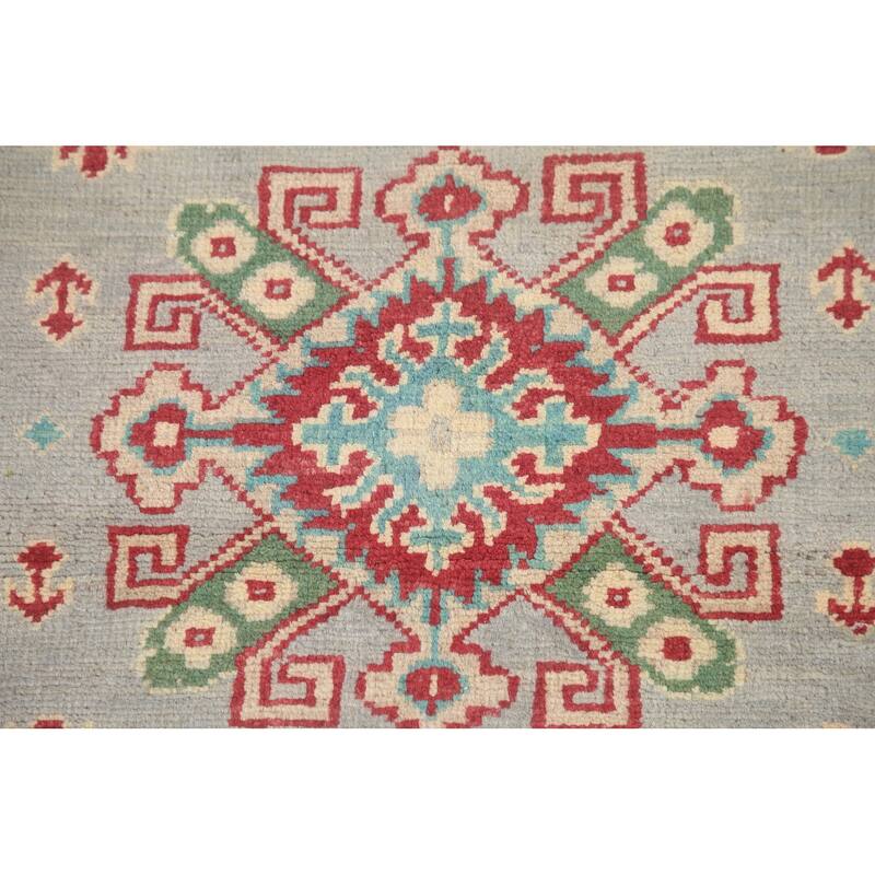 Hand Knotted Oriental 100% Wool Carpet Traditional Geometric Greys & Charcoal Kazak Area Rug - 6' 0'' X 2' 9''