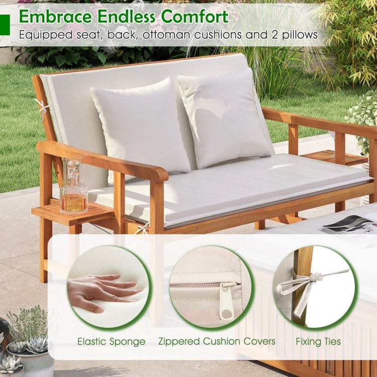 Off-White Cushion Acacia Wood Patio Daybed Set with Adjustable Backrest 4 in 1 Ottoman - 29"-49" x 47" x 34.5"-14.5" (L x W x H)
