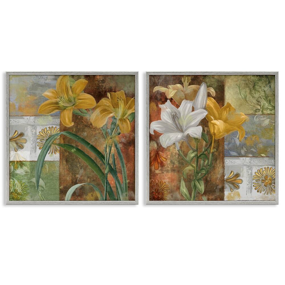 Stupell Lilies & Vintage Tile Patterns Framed Giclee Art Design By Sasha (Set of 2)