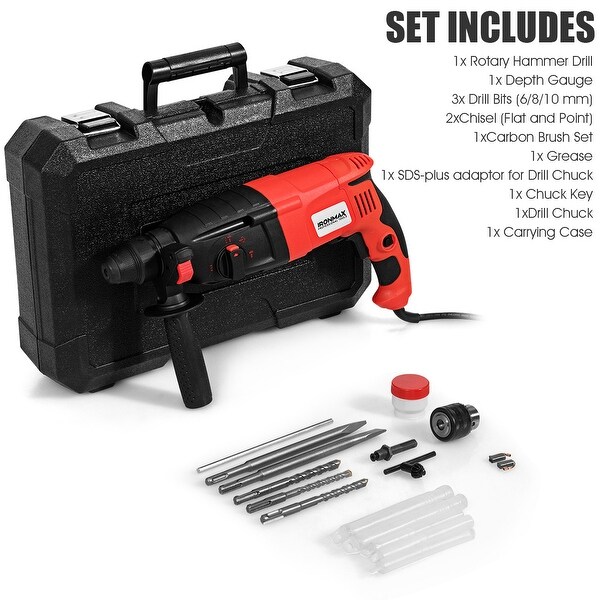 1/2'' Electric Rotary Hammer Drill 3 Mode SDS-Plus Chisel Kit 1100W
