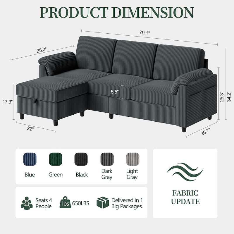 Corduroy Sectional Sofa Couch with Storage