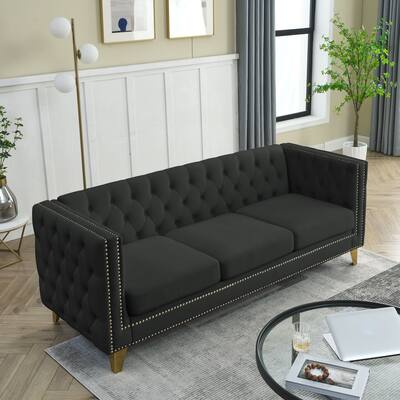 Classic Chesterfield Three-Seat Sofa with Tufted Buttons and Nailhead Trim