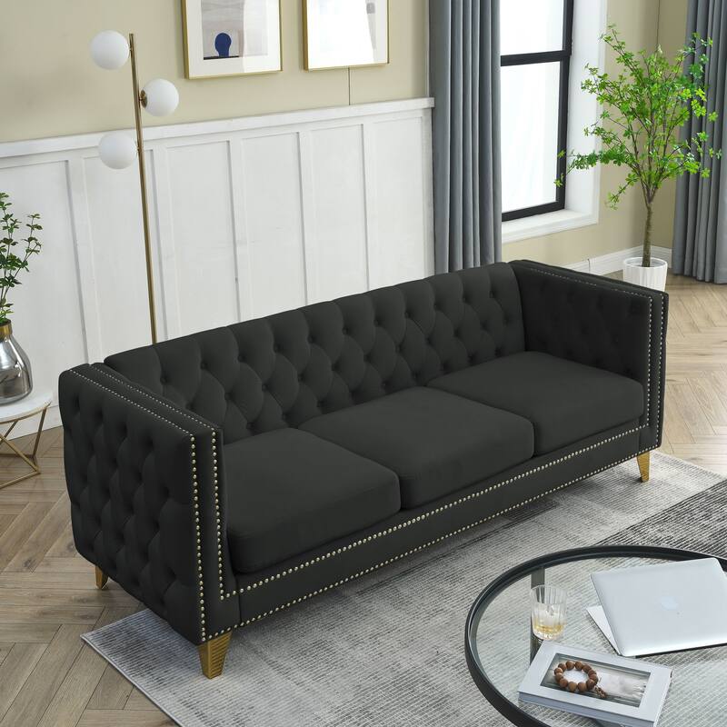 Modern Velvet Chesterfield Sofa with Tufted Buttons and Metal Legs for Living Room or Bedroom