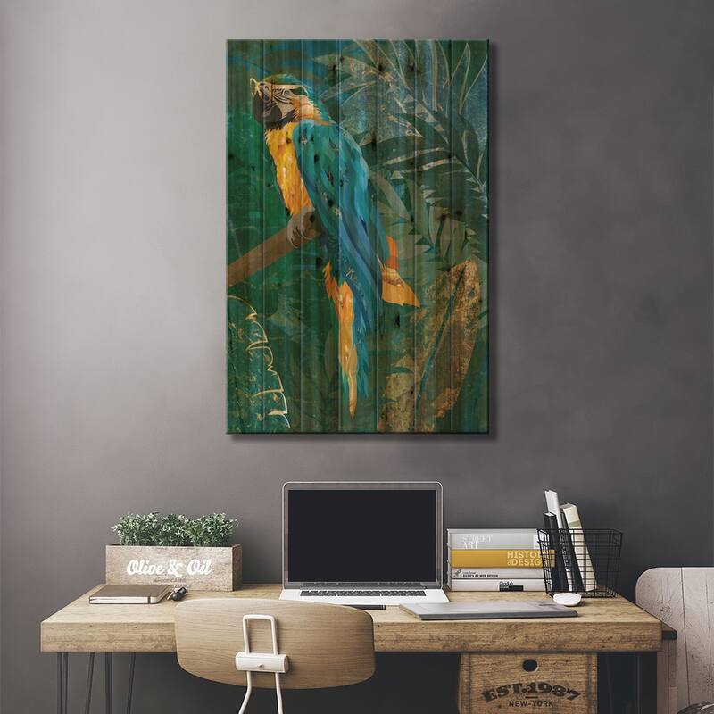 Macaw In The Jungle Print On Wood by Sarah Manovski - Multi-Color