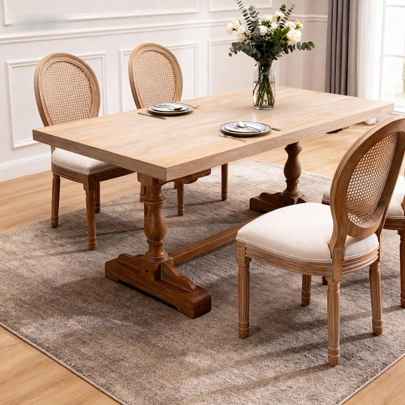 French Style Solid Wood Frame Linen Fabric Rattan Back Dining Chair, Set of 2