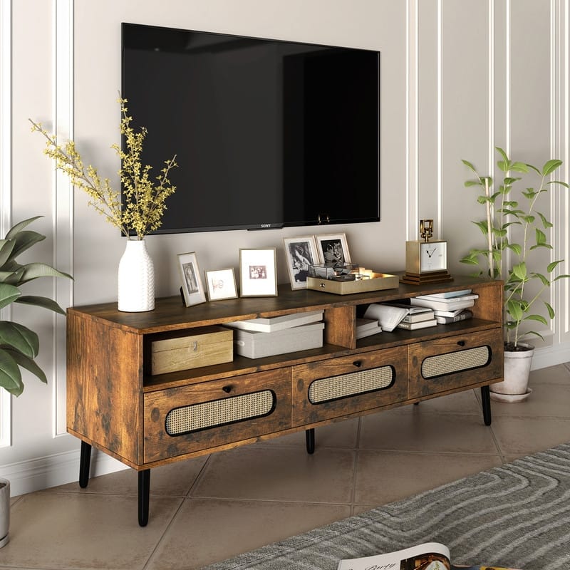Mixoy Boho TV Stand for TV up to 65",Entertainment Center with Drawers and Compartment,55" Media Console with Rattan Decorative