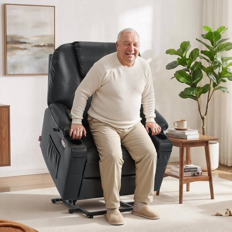 MCombo Large-Wide Power Lift Recliner Chair Sofa with Massage and Heat for Elderly People, Faux Leather R7510 - Black