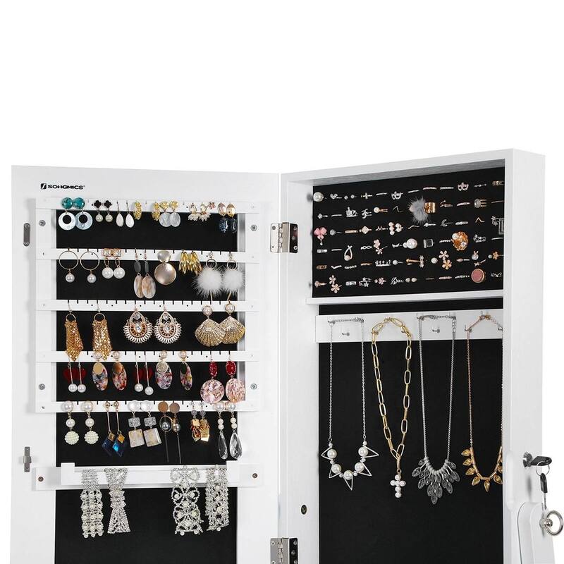 Mirrored Jewelery Cabinet Armoire, Free Standing Full Body Larger Mirror Jewelry Organizer Lockable, Narrow Bezel, Brown