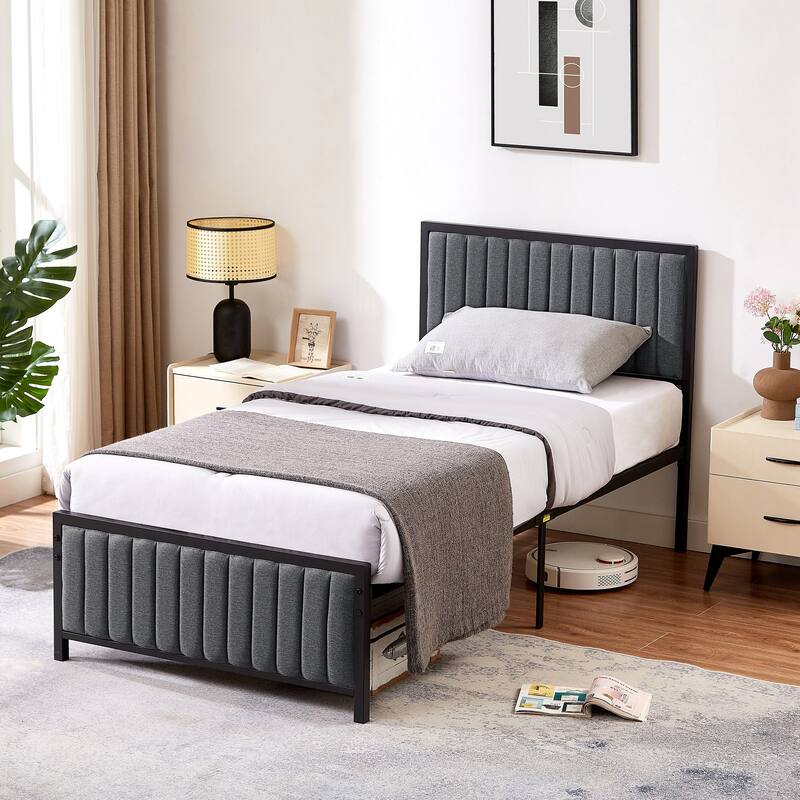 VECELO Upholstered Bed Frame with Tufted Headboard & Footboard, Heavy Duty Steel Slats Platform, No Box Spring Needed