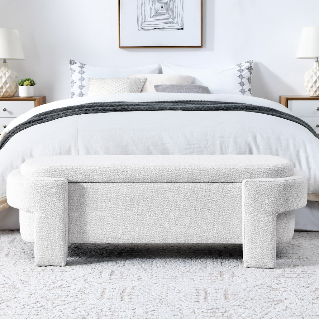 Roomfitters Modern White Upholstered Storage Bench with Curved Arms and Textured Boucle Fabric Bedroom Entryway Seating, White