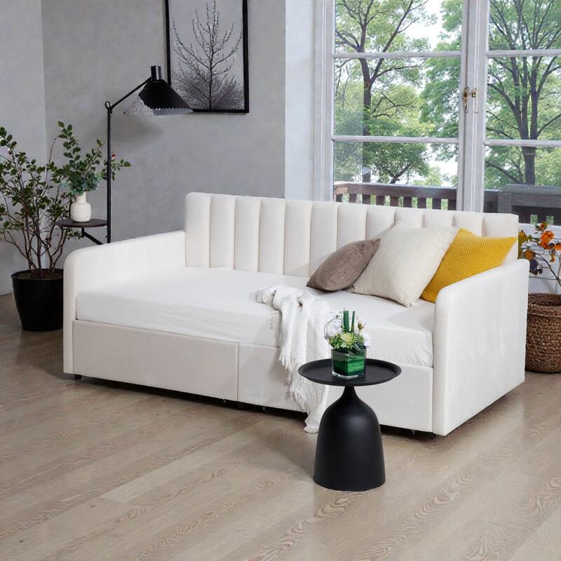 Twin Upholstered Daybed with 2 Storage Drawers, Ivory Velvet Boucle Daybed with Ribbed Tufted Backrest, Modern Design