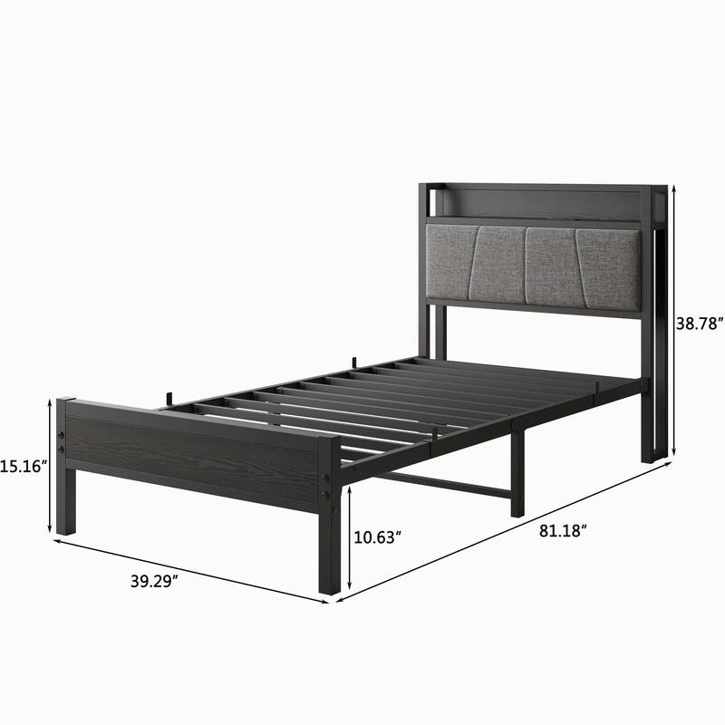 Queen/Full/Twin Stable Platform Bed Frame, Storage Headboard with Charging Station, Black/Wood Color