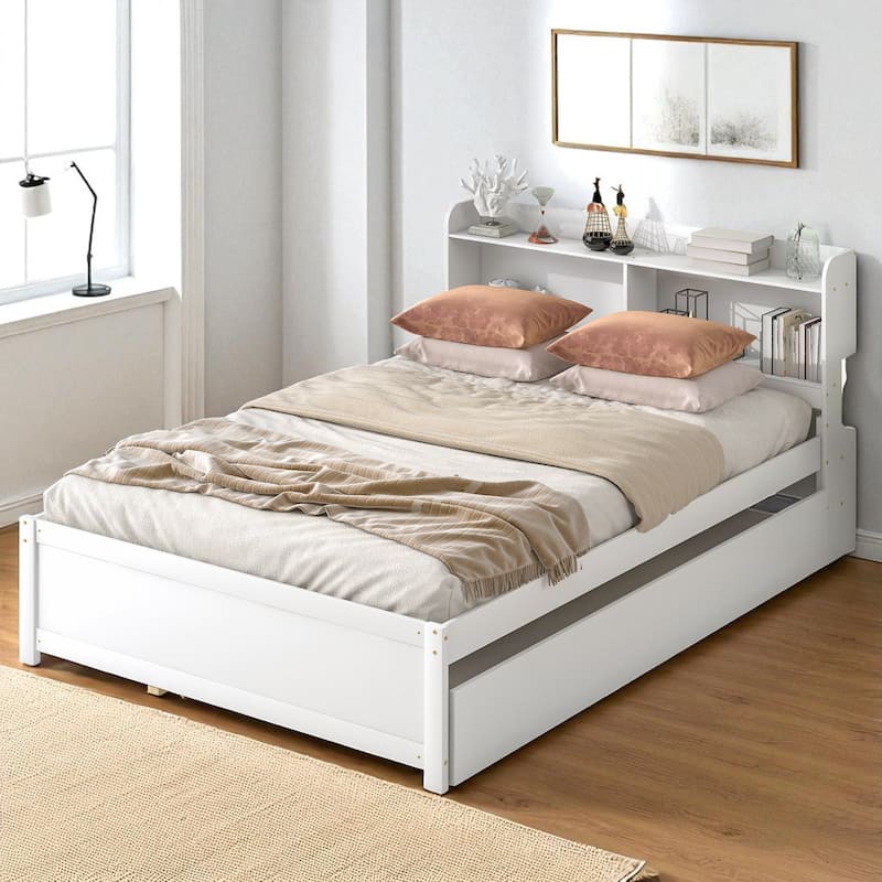 Twin/Full Bed Frame with Pull-Out Trundle and Bookcase Headboard, No Box Spring Needed