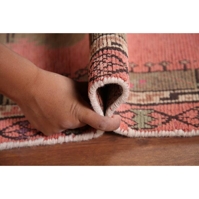Pink Geometric Sirjan Persian Runner Rug Vintage Handmade Wool Carpet - 3'4" x 12'3"