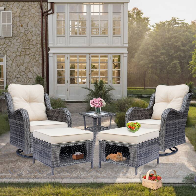 5 Piece Outdoor Wicker Patio Swivel Chair with Ottoman Conversation Set