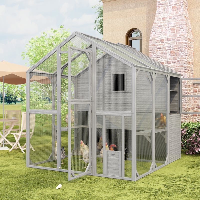Multi-Functional Wood Chicken Coop Hen House or Cat Cage with Wire Mesh Run - Grey
