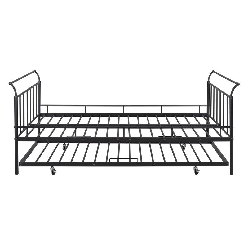 Metal Daybed with Curved Handle Design and Twin Size Trundle, Sturdy