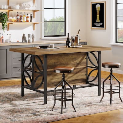 2-Tier Long Kitchen Bar Height Table with Footrest, Rustic Brown