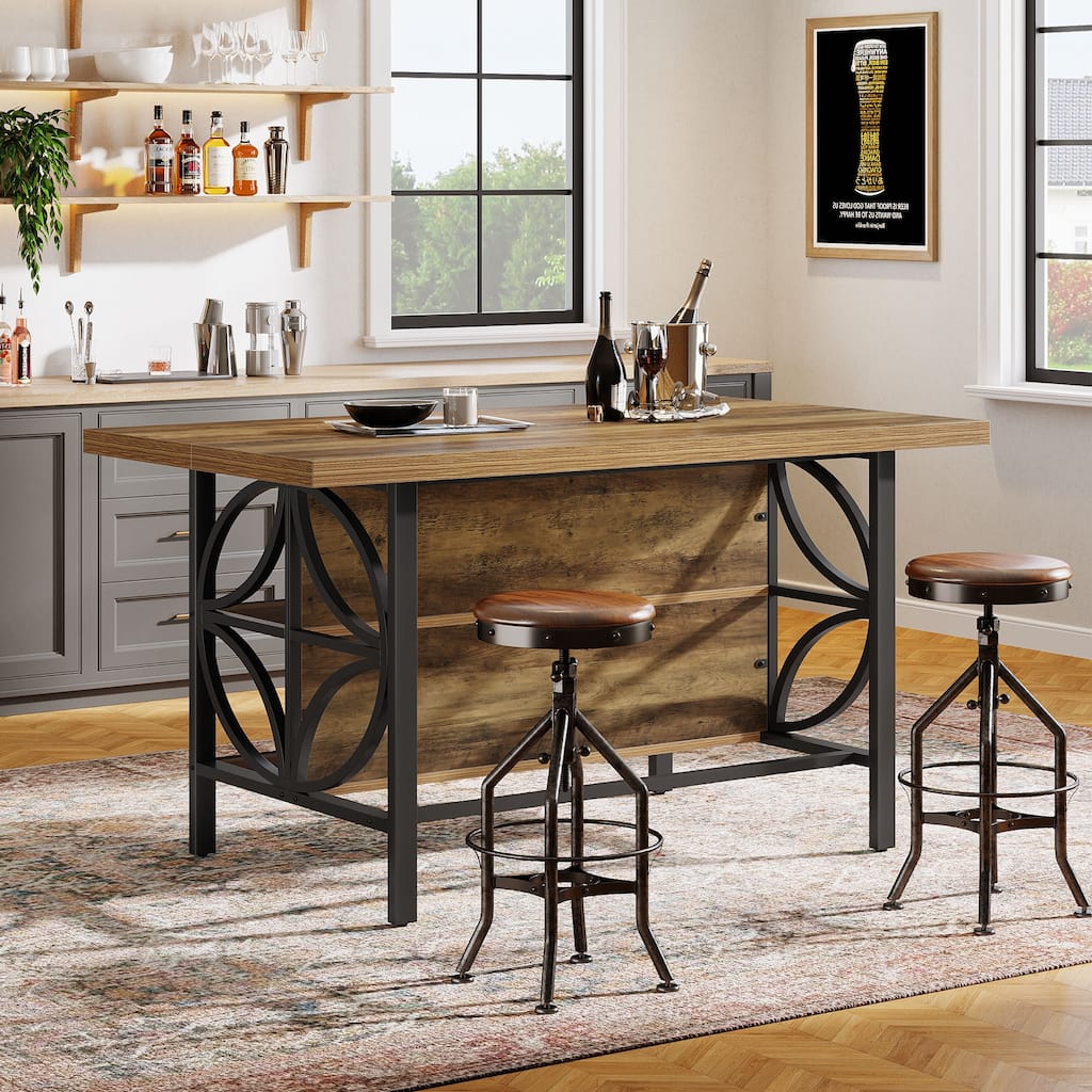 2-Tier Long Kitchen Bar Height Table with Footrest, Rustic Brown