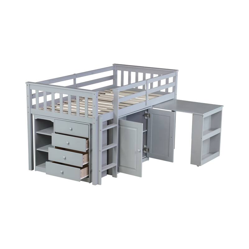 Wooden Low Loft Bed Frame, Versatile Storage Loft Bed with Shelves, Cabinet and Drawers, Rubber Wood Loftbed with Pull Out Desk
