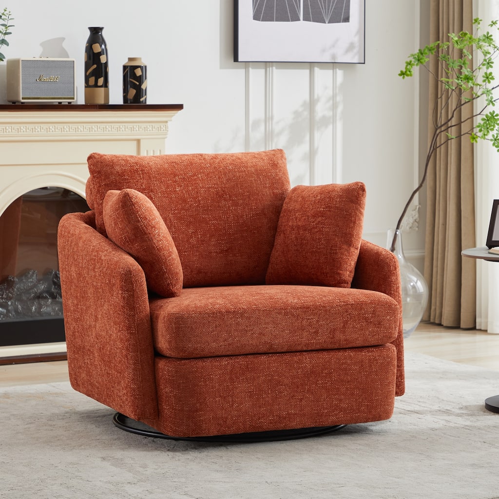 Chenille Upholstered Swivel Accent Chair, Cozy Club Chair with 2 Thorw Pillows, Oversized Lounge Armchair with Metal Base