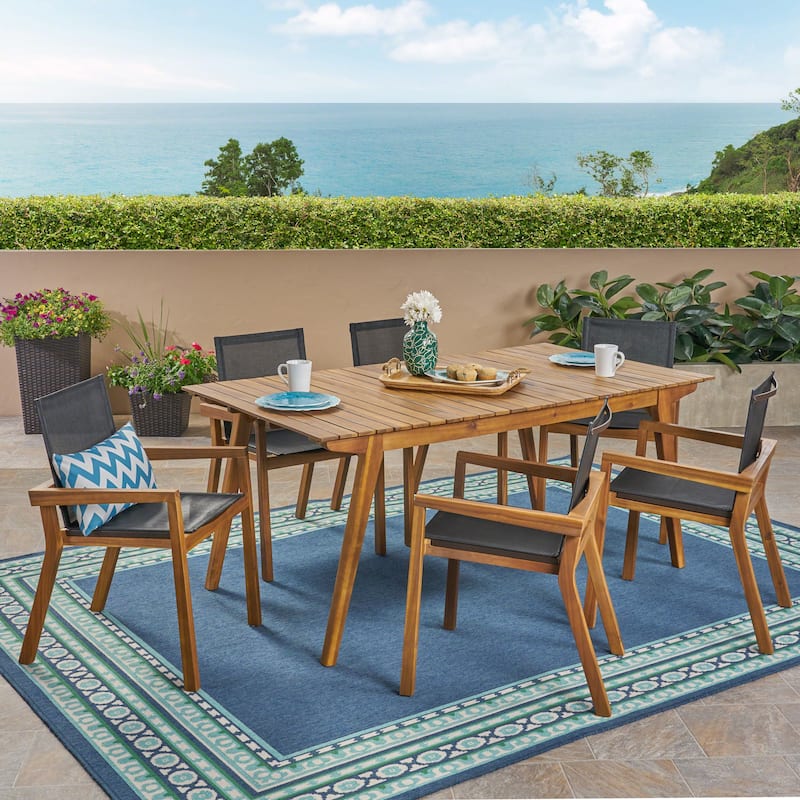 Copperfield Outdoor Acacia Wood 7 Piece Dining Set with Mesh Seats by Christopher Knight Home - teak finish + black