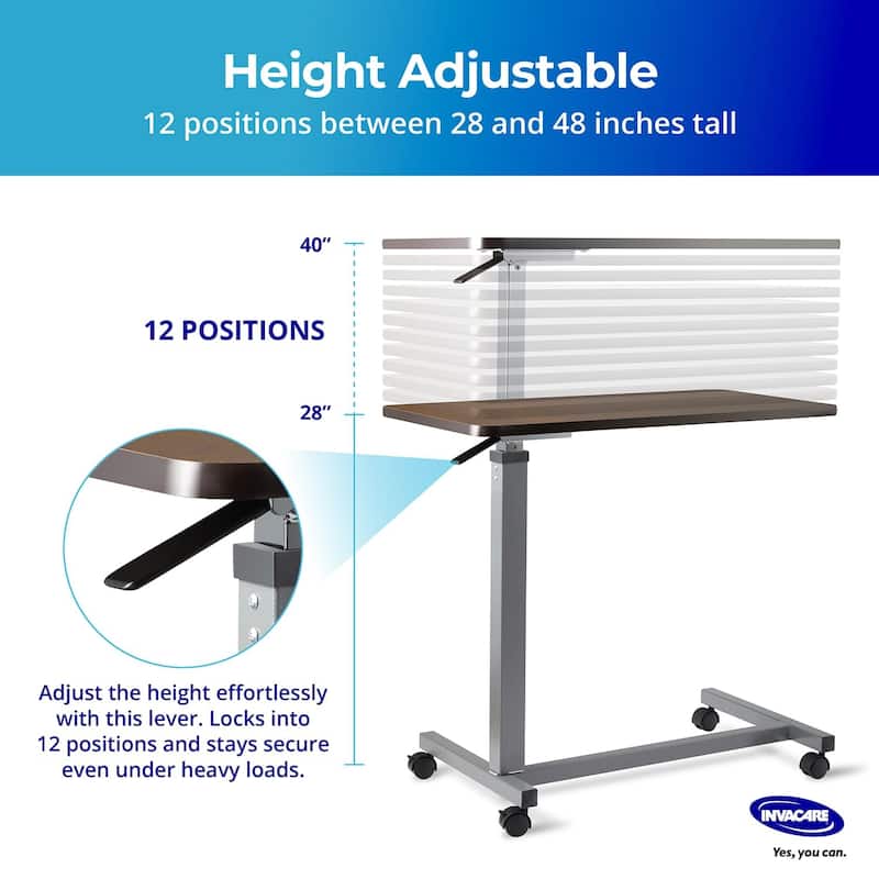 Invacare Adjustable Medical Bedside Table - Waterproof Rolling Hospital Tray Table with L-Shaped Base - Non-Tilting Table
