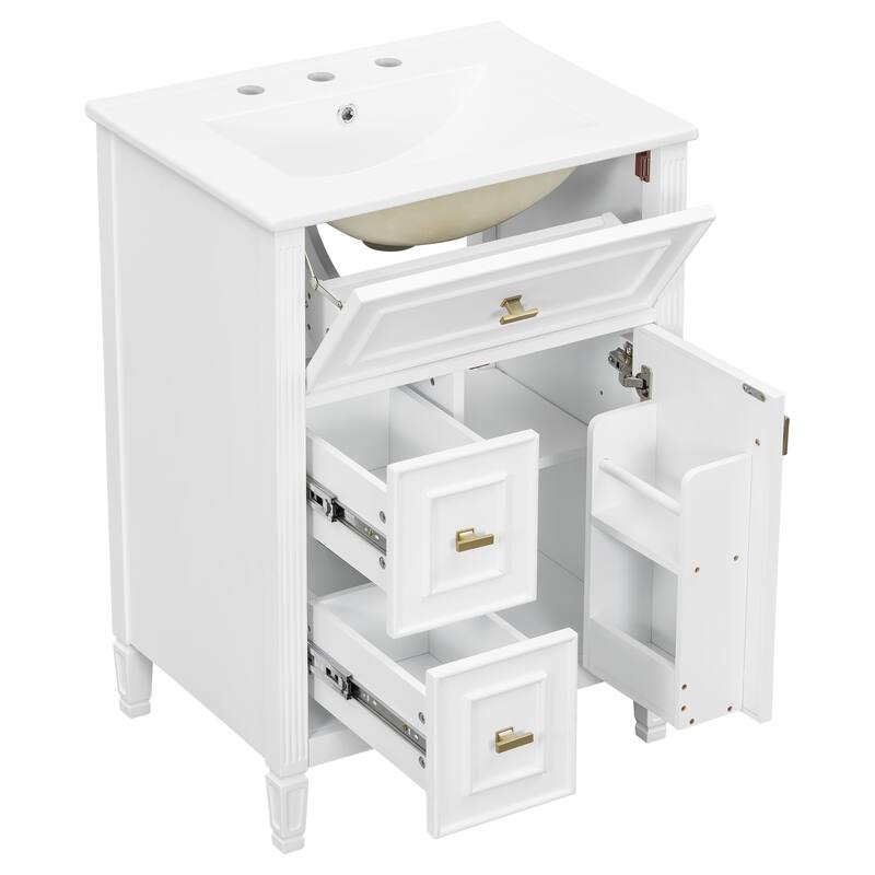 Roomfitters 24" Bathroom Vanity with Sink, Solid Wood Frame, Flip Drawer, 2 Side Drawers & Adjustable Shelf
