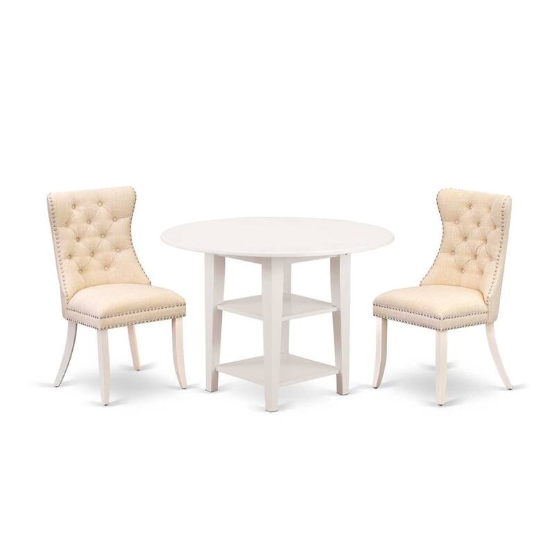 HomeStock 3-Pc Linen White Finish Round Solid Wood Top with Dropleaf Dining Table Set