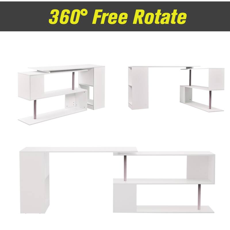 HOMCOM 55" Rotating Corner Computer Desk: L-Shaped Workstation, Storage Shelves