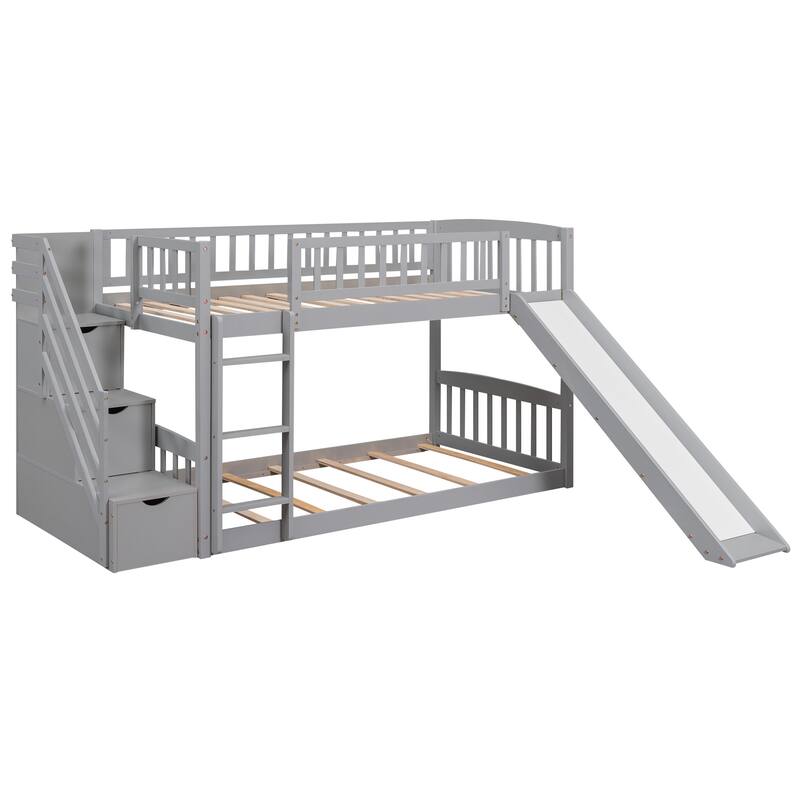 Twin Over Twin Bunk Bed with Drawers, Slide, and Stairs, Gray