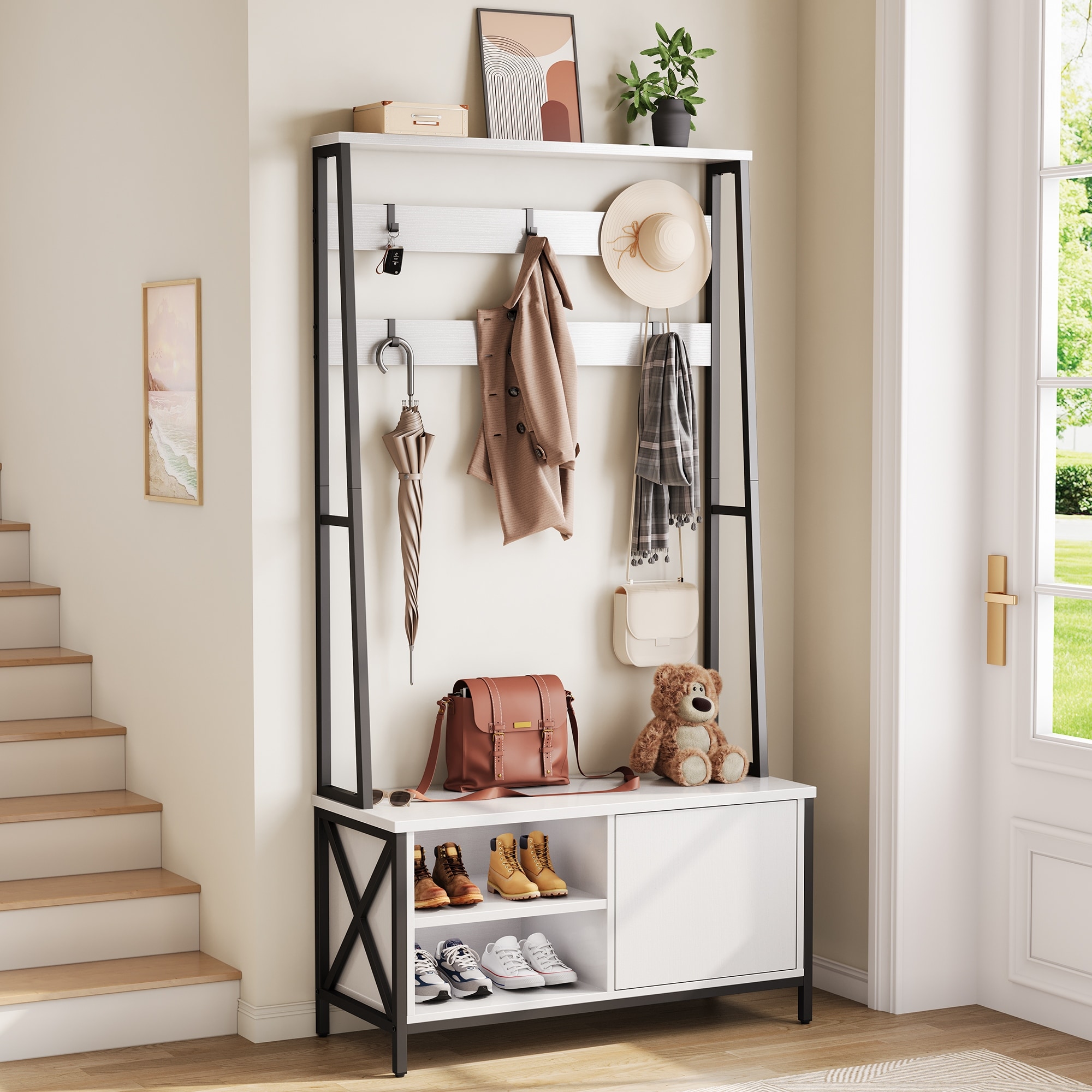 Industrial Hall Tree w/Bench & Shoe Storage, Coat Rack, 6 Hooks, 31.5"x15.8"x71"