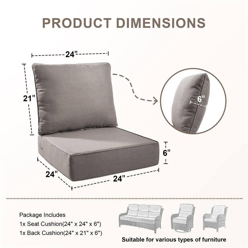 Pocassy 24x24x6 Inch Thick Cushions Pillows Indoor Outdoor Deep Seat Water & Fade Resistant - 5 Set