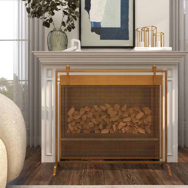 Copper Metal Suspended Grid Style Netting Single Panel Fireplace Screen with Bolted Detailing
