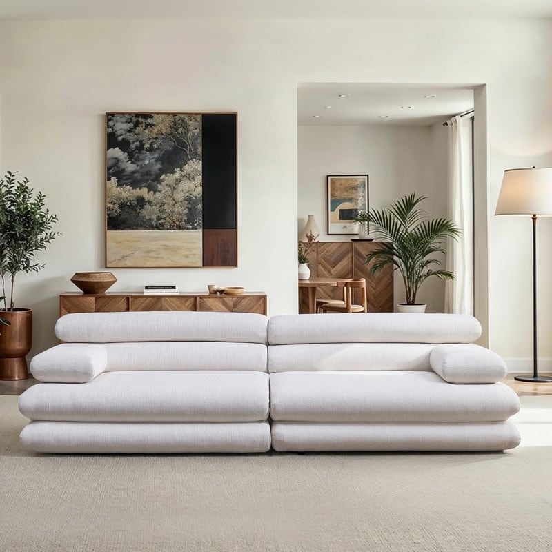 118" Upholstered Linen-Blend Chenille The Serenity Curved Sofa