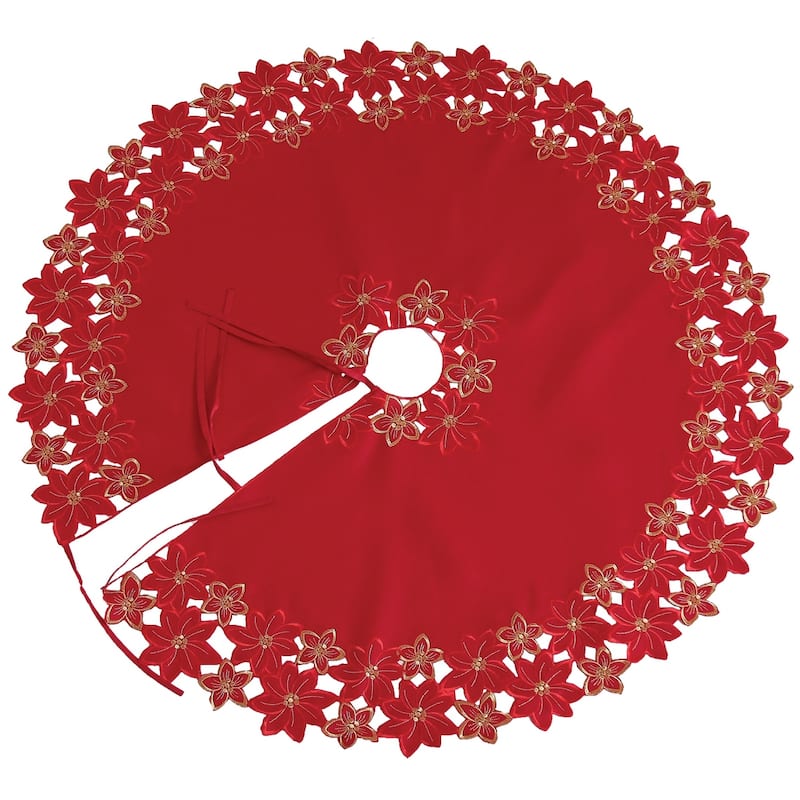 Festive Poinsettia Embroidered Cutwork 48 Round Christmas Tree Skirt - N/A - Red
