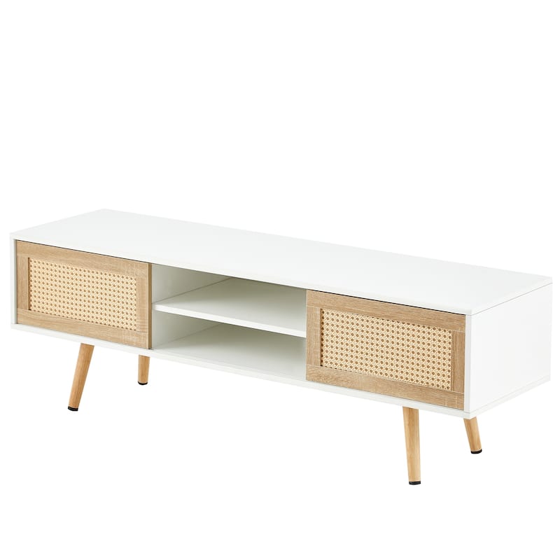 55.12" Rattan TV cabinet, double sliding doors for storage, adjustable shelf, solid wood legs, TV console