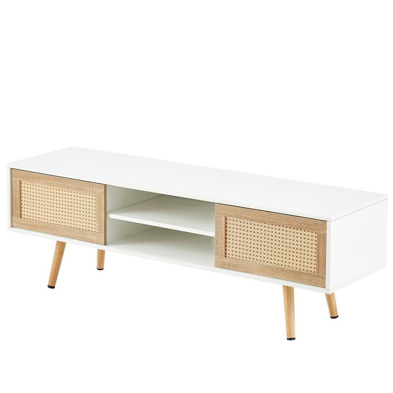 Modern Rattan Woven TV Stand with Adjustable Shelves, Solid Wood Legs, and Sliding Doors.