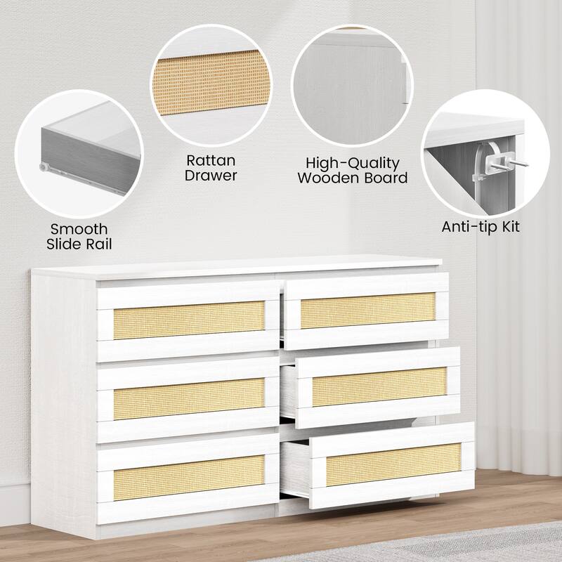 6 Drawer Dresser Wide Chest of Drawers for Bedroom